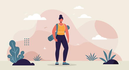 A strong woman with a yoga mat stands confidently in a minimalist landscape illustration, ideal for websites, presentations, and marketing materials promoting health, wellness, or outdoor activities.