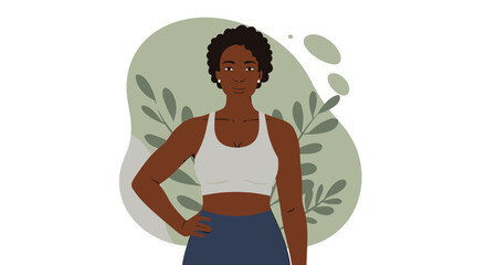 Attractive young Black woman in sportswear confidently poses against an abstract green and white background, ideal for fitness websites, social media, and marketing materials.