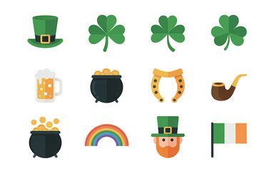 St Patricks Day Icons Set Flat Design Leprechaun Beer Clover Pot Gold Rainbow Ireland