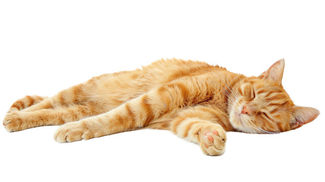 Cute orange cat peacefully sleeping on a white background in a relaxed posture during daytime