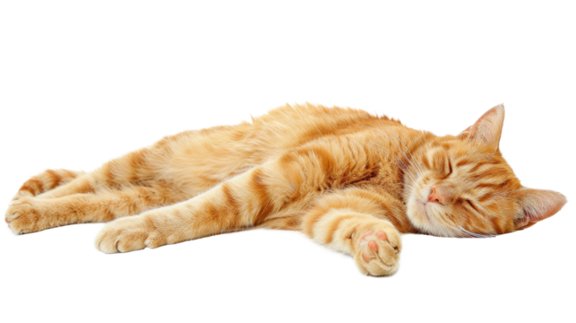 Cute orange cat peacefully sleeping on a white background in a relaxed posture during daytime