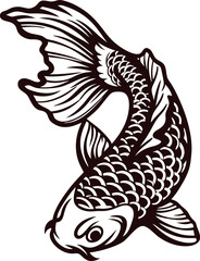 Intricate black koi fish illustration with detailed scales and flowing fins isolated on white background