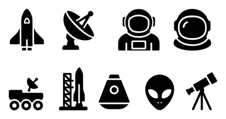 Space exploration filled icon set: rockets, satellites, astronauts, aliens, telescopes