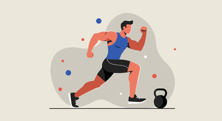 A strong muscular man in sportswear is running, shown in a flat design style, perfect for fitness websites, landing pages, and marketing materials.