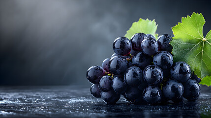 Close up of a cluster of fresh black grapes with water droplets and a green leaf on a dark surface.