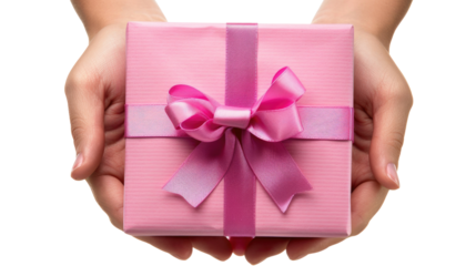 Gift box held with care, adorned with a pink ribbon and bow, ready for celebration or special occasion, showcasing excitement and joy