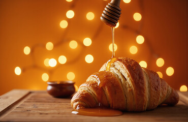 Croissant with honey drizzle on warm wooden surface.