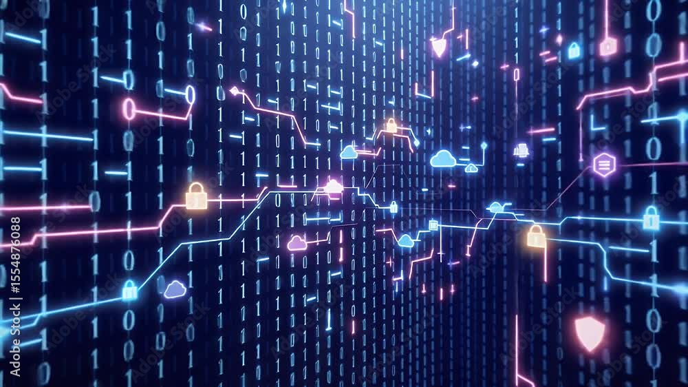 Poster abstract digital background featuring glowing lines binary code and security elements. cyber securit