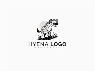 Obraz premium Cute hyena cartoon mascot logo in vector black and white. Perfect for zoo book branding, baby toy labels, animal stickers, and educational merchandise designs.