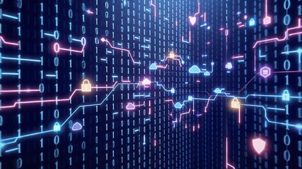 Abstract digital background featuring glowing lines binary code and security elements. Cyber security and data protection concept. Futuristic background blue pink and light trails. - Powered by Adobe