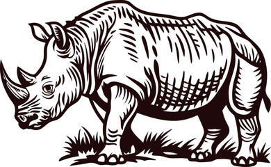 Obraz premium Vintage engraved black and white rhinoceros standing in grass illustration, hand drawn detailed animal sketch