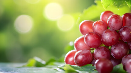 Close up of fresh ripe red grapes with green leaves blurred background natural light fruit harvest season.