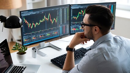 Man attentively reviews stock market data on dual monitors, contemplating investment strategies with thoughtful concentration.