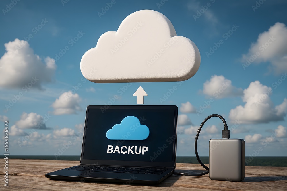 Poster modern laptop illustrating cloud backup and data storage, a powerful visual representation of techno