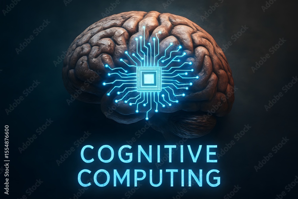Poster a digital representation of the human brain showcases an advanced circuit board and the concept of c