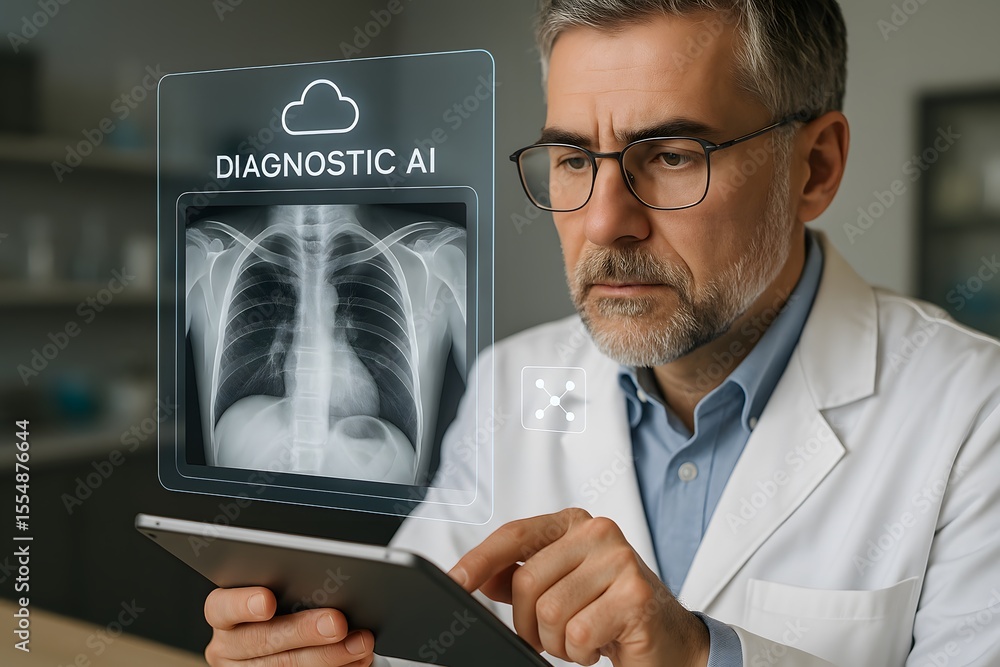 Poster a focused doctor with a serious expression utilizes an interactive tablet to analyze an advanced ai-