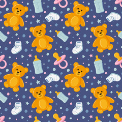 Vector baby seamless pattern. Teddy bear and baby items pattern. Baby items doodle. Hand drawing style