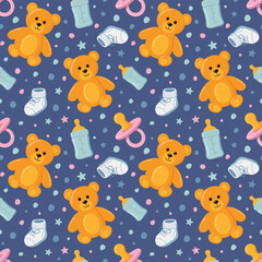 Vector baby seamless pattern. Teddy bear and baby items pattern. Baby items doodle. Hand drawing style