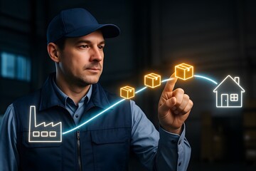 A warehouse worker meticulously manages the distribution network, ensuring smooth product delivery from factory to home, with a digital interface.