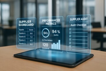 A digital interface displays essential data on a tablet, showcasing supplier scorecards, performance metrics, and audit checklists for effective data analysis.