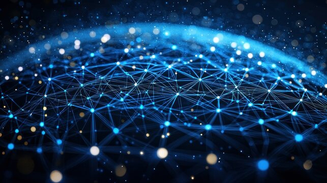 Network sphere of blue lines and dots on dark backdrop