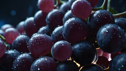Ultra high resolution 8K zoomed-in image of a bunch of ripe purple grapes connected to thin, glowing AI data cables, with metallic nodes or sensors embedded into the grapes. The cables are linked to a