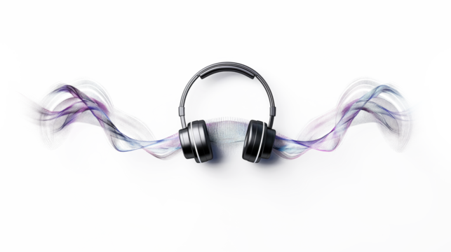 Stylish black headphones producing colorful sound waves on a transparent background - Powered by Adobe