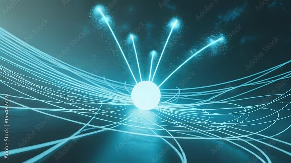 Poster abstract blue digital design with a central glowing sphere and radiating lines across a dark backgro