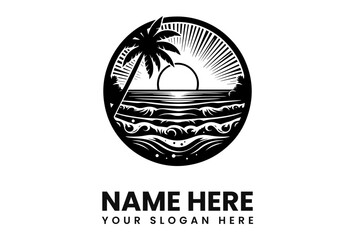 Circular graphic of a palm tree, ocean waves, and a rising sun in a black and white design.