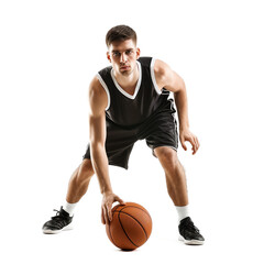 Young basketball player practicing dribbling with a basketball on a transparent background