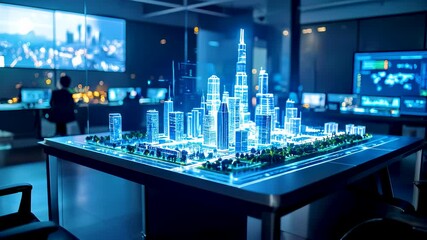 High-tech control room showcasing a holographic 3D model of a city used for AI-optimized urban planning, infrastructure simulation, and smart city management. - Powered by Adobe