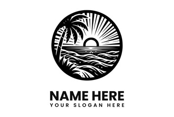 Circular logo design featuring a palm tree, ocean waves, and a rising sun, all in black and white.