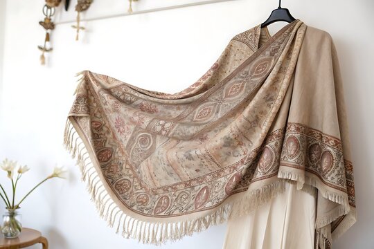 Elegant beige pashmina shawl with intricate traditional pattern hanging indoors