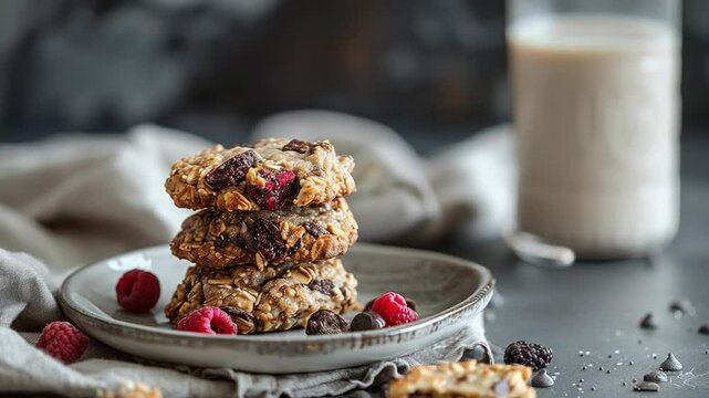 Delicious stack of chocolate and raspberry cookies with milk in a cozy rustic setting