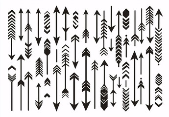 A diverse collection of arrow icons in tribal, modern, and geometric styles, ideal for logos, UI, infographics, and minimalistic designs.