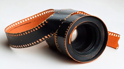 Unspooled 35mm film roll with vintage look on white background, classic analog photography concept