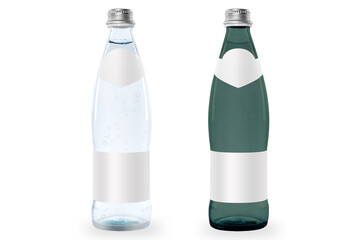 Clear white and green glass water bottle with metal cap and empty label mockup isolated on white background. 3d rendering.