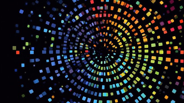 Vibrant Digital Art of Colorful DNA Squares in Circular Patterns on Dark Background for Tech 16×9, for technology PPT, corporate pitch, data report