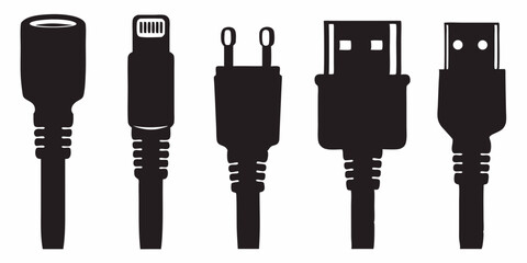 Various usb connector types illustration for electronics and device connectivity solutions use in modern technology silhouette, vector art