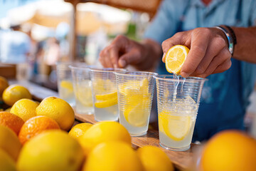 Employee at drink stand prepares fresh lemonade with sliced lemons during a sunny day