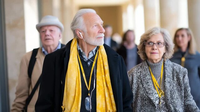 Senior man and woman with yellow scarves and audio guide devices join elderly people for museum tour, walking in corridor with senior tourists, engaged and curious, stylish coats, lanyards