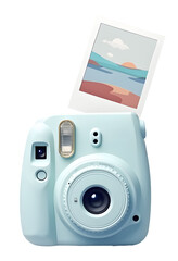 Light blue instant camera captures joyful memories. beautiful sunset photo prints out
