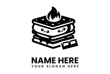 A cute, flaming s'mores-like sandwich logo design, featuring a cartoonish, happy face and chocolate squares.