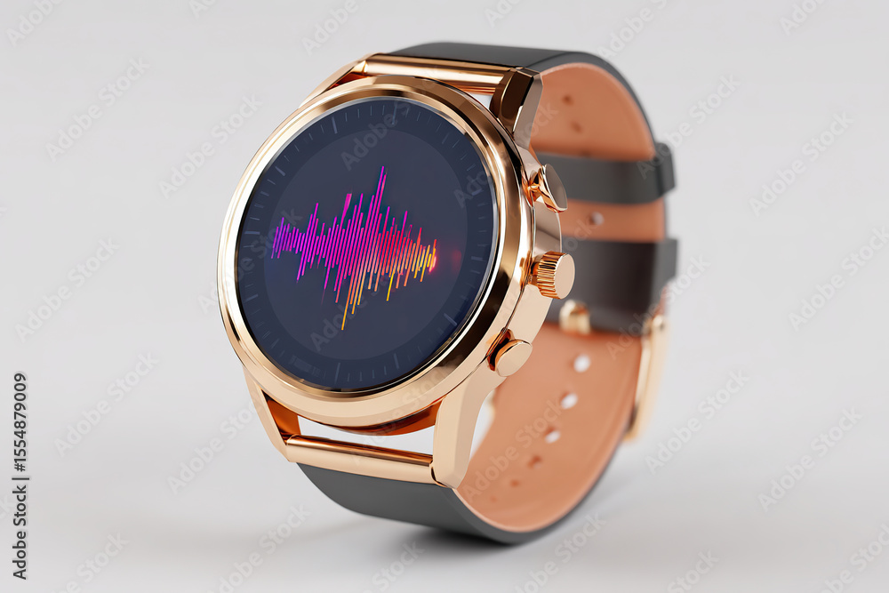 Poster smartwatch displaying ambient sound waves with vibrant colors on a sleek design