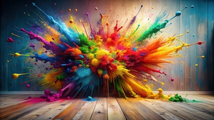 A Vibrant Explosion of Hues Dynamic Color Burst Against a Rustic Wooden Floor