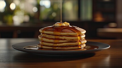 Stack of fluffy pancakes drizzled with syrup on wooden table with simple background