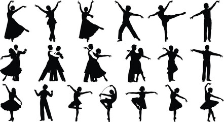Silhouette collection of male and female dancers in various classical dance poses, isolated black vector shapes, white background, elegant artwork