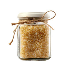 Decorative glass jar filled with natural brown sugar tied with rustic twine on a transparent background