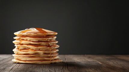 Delicious breakfast pancakes with maple syrup, cozy warm food presentation