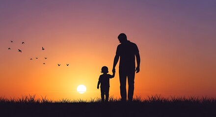 Abstract Fatherhood Silhouette Vector – Dad and Child at Sunset

